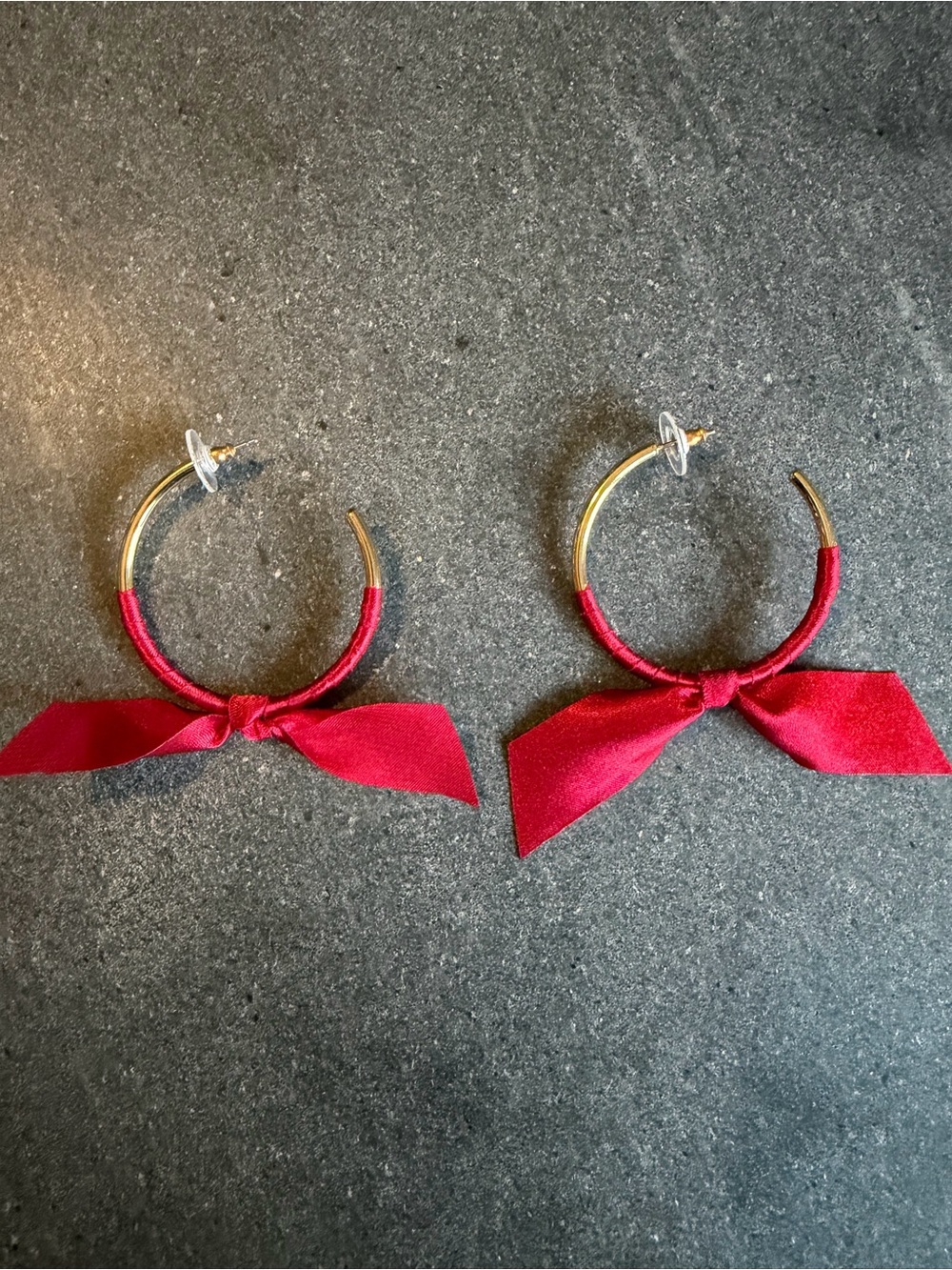 Gold Hoop Earrings with Red Ribbon Bow - Women Accessories